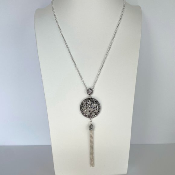 Necklace, Silver Antique Tone, Filigree Round, Tassel, 27"-30" - Picture 1 of 9